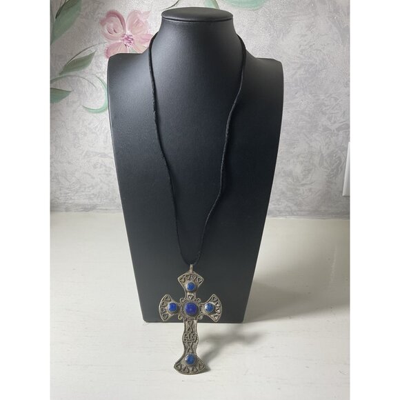 Silver Cross Pendant Necklace With Blue Stone Accents On Black Cord - Picture 2 of 5